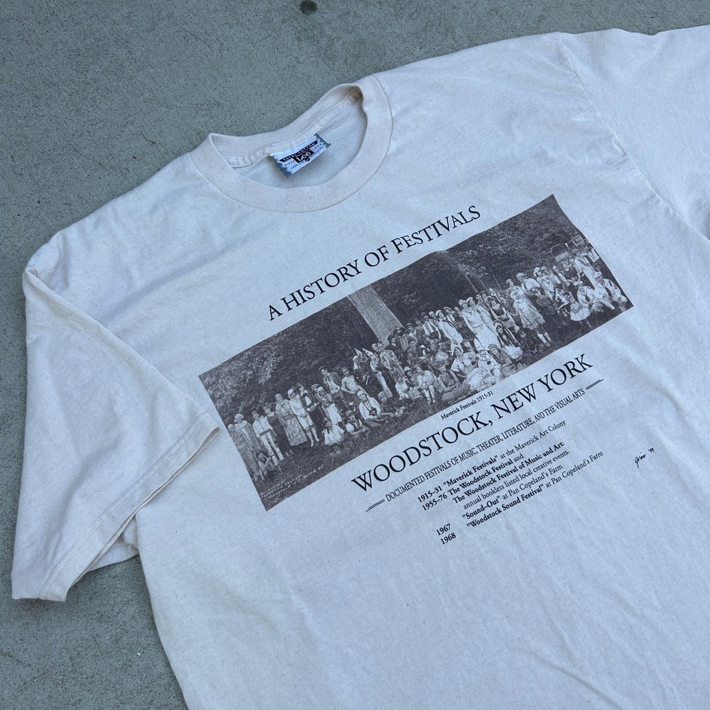 Lee Woodstock History of Festivals T Shirt XL Cream Vintage 90s Made in USA Rare